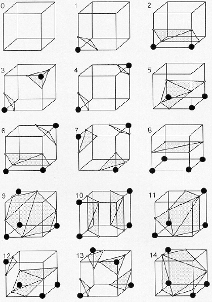 The 15 canonical marching cubes configurations