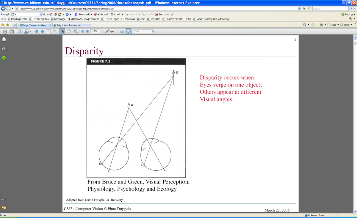 Disparity concept: eyes fixate on one object while others appear at different visual angles